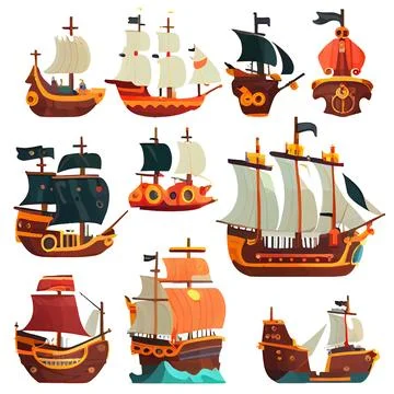 Vector set illustration in cartoon style of vintage sailing ships Stock Illustration