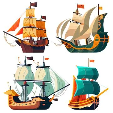 Vector set illustration in cartoon style of vintage sailing ships Stock Illustration