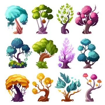 Vector set illustration in cartoon style of magical mystical tree Stock Illustration