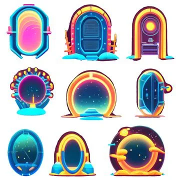 Vector set illustration in cartoon style of magic door or tunnel Illustrazione stock