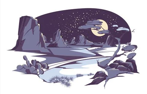 Vector set illustration of desert and night landscape with silhouettes of stones Illustrazione stock
