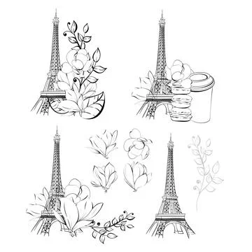 Vector set illustration of Eiffel Tower and flower. Magnolia springtime romantic イラスト素材