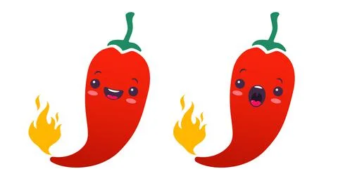 Vector set illustration of a spicy chilli peppers with flame in kawaii style. Stock Illustration