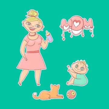 Vector set illustration sticker. Mother gives bottle to drink happy little baby. Stock Illustration