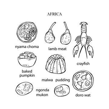 Vector set of illustrations of African Christmas dishes. New Year. Traditiona Illustrazione stock