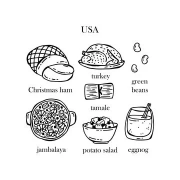 Vector set of illustrations of American Christmas dishes. New Year. Tradition Stock Illustration