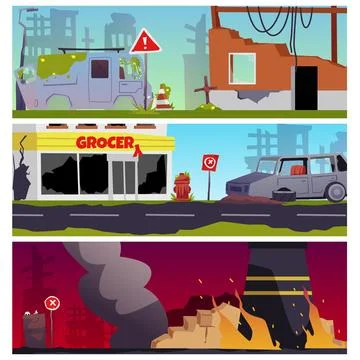 Vector set illustrations of apocalypse, destroyed factory, industral buildings Ilustración de archivo