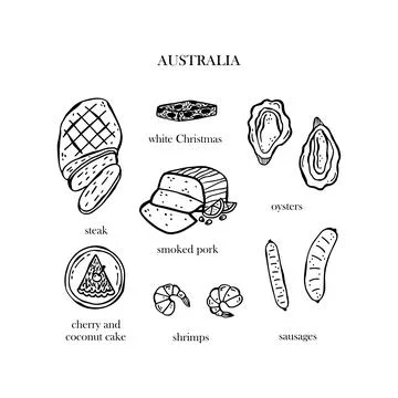 Vector set of illustrations of Australia's Christmas dishes. Hand-drawn illus Stock Illustration