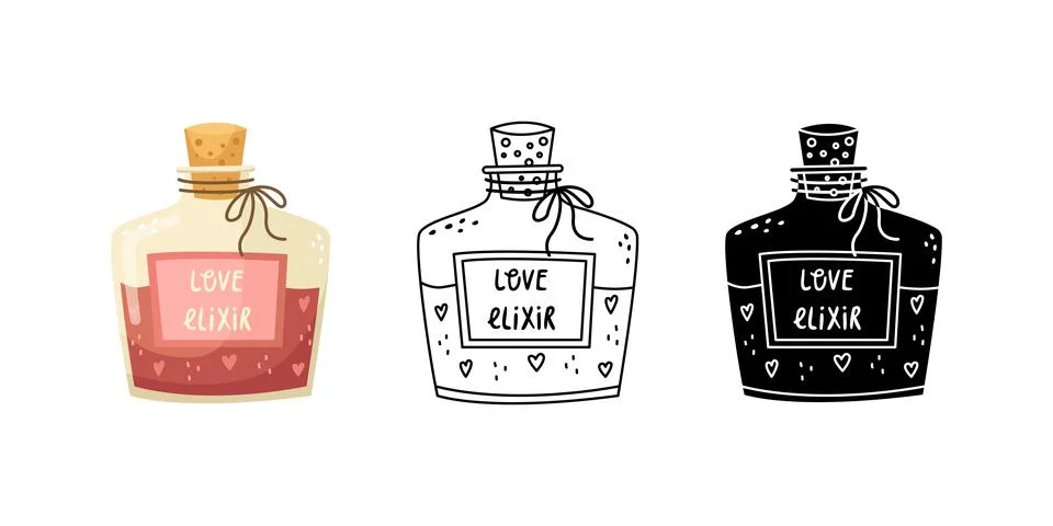 The vector set of illustrations of a beautiful bottle with a love elixir for  Stock-Illustration