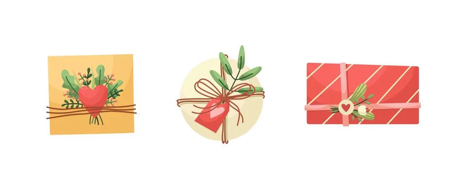 Vector set of illustrations of a beautifully decorated Valentines Day gift. F Stock Illustration