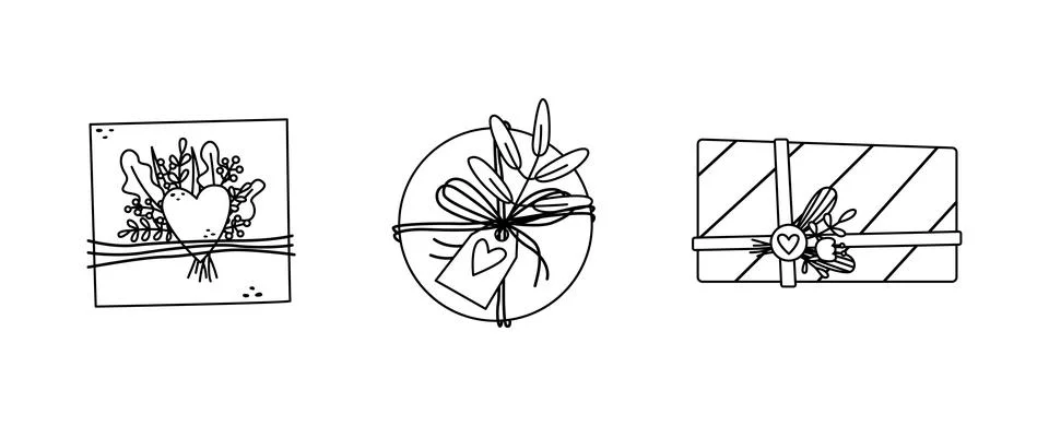 Vector set of illustrations of a beautifully decorated Valentines Day gift. O Stock Illustration