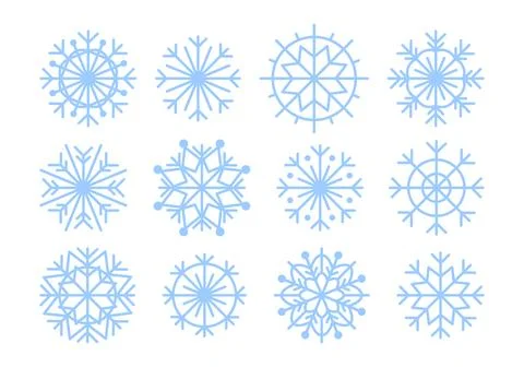 Vector set of illustrations of blue snowflakes of various shapes and sizes. Stock Illustration