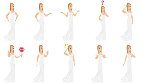 Vector set of illustrations with bride character. Stock Illustration