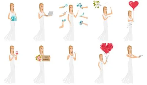 Vector set of illustrations with bride character. Stock Illustration