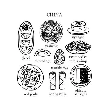 Vector set of illustrations of Chinese Christmas dishes. New Year. Traditiona Stock Illustration