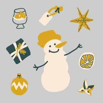 Vector set illustrations for Christmas and New Year.Clip art with snowman Stock Illustration