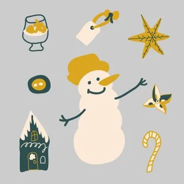 Vector set illustrations for Christmas and New Year.Clip art with snowman Stock Illustration