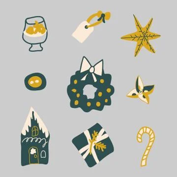 Vector set illustrations for Christmas and New Year.Clip art with wreath Stock Illustration
