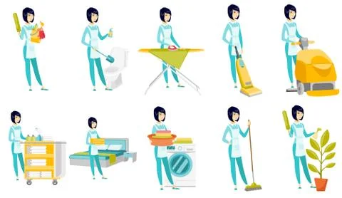 Vector set of illustrations with cleaner character Stock Illustration