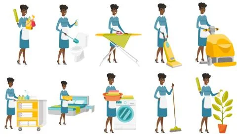 Vector set of illustrations with cleaner character Stock Illustration