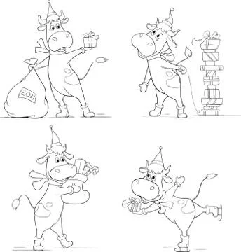 Vector set of illustrations of cute cartoon bull in Santa Claus costume Stock Illustration
