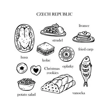 Vector set of illustrations of Czech Christmas dishes. New Year. Traditional  Stock Illustration