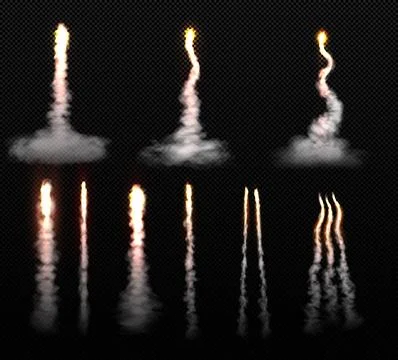 Vector set of illustrations depicting fiery realistic rocket launch smoke trails Stock Illustration