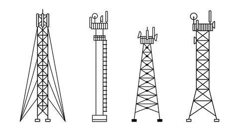 Vector set of illustrations of different constructions of cellular towers. 5G Stock Illustration