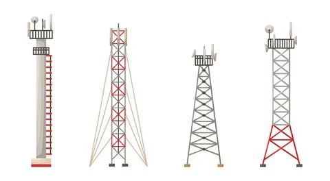 Vector set of illustrations of different constructions of cellular towers. 5G Stock Illustration