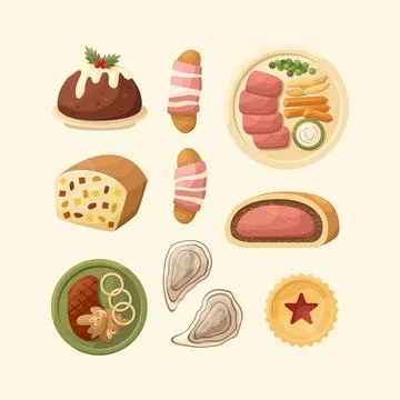 Vector set of illustrations of English dishes. Kitchen for New Year and Chris Stock Illustration