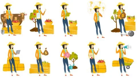 Vector set of illustrations with farmer characters Ilustración de archivo