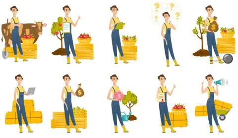 Vector set of illustrations with farmer characters Ilustración de archivo
