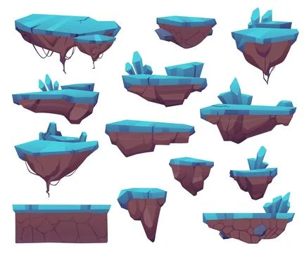 Vector set of illustrations of floating stone ice platforms with crystals. Illustrazione stock