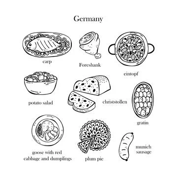 Vector set of illustrations of German Christmas dishes. New Year. Traditional Stock Illustration