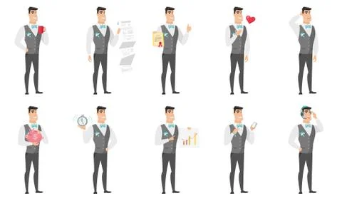 Vector set of illustrations with groom character. Stock Illustration