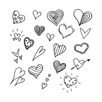 Vector set of illustrations of hearts in doodle style Stock Illustration