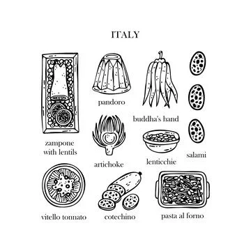 Vector set of illustrations of Italian Christmas dishes. New Year. Traditiona Illustrazione stock