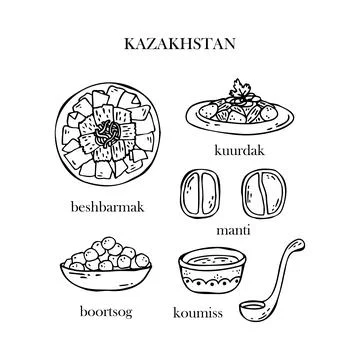 Vector set of illustrations of Kazakh Christmas dishes. New Year. Traditional Illustrazione stock