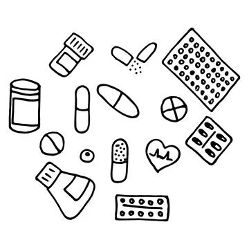 Vector set of illustrations of pills in doodle style Stock Illustration