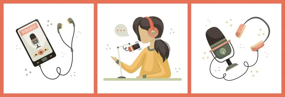 Vector set with illustrations of podcast and blogging. A girl recording a pod Illustrazione stock
