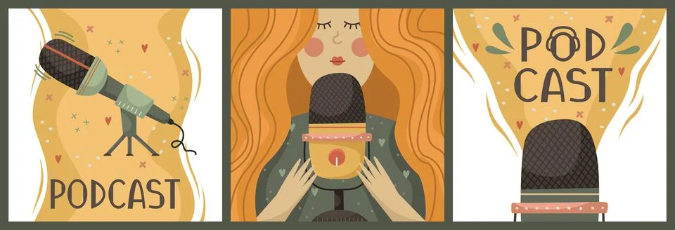 Vector set with illustrations of podcast and blogging. A girl recording a pod Stock Illustration