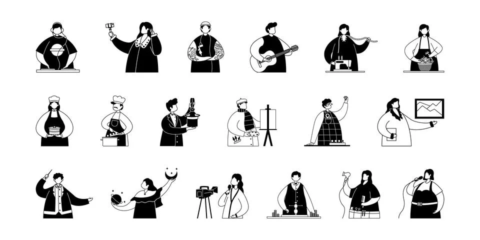 Vector set of illustrations of professional creative workers. Line art 스톡 일러스트