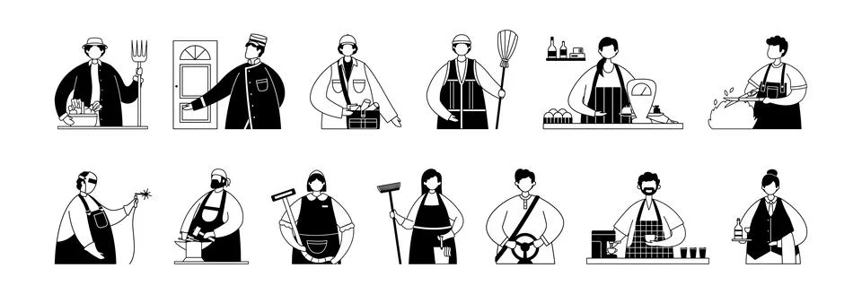 Vector set of illustrations of professional service workers and artisans. Lin Stock Illustration