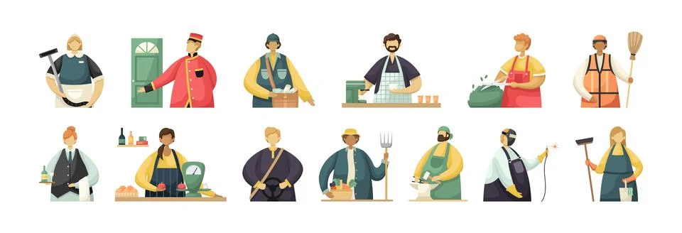 Vector set of illustrations of professional service workers and artisans. Fla Illustrazione stock