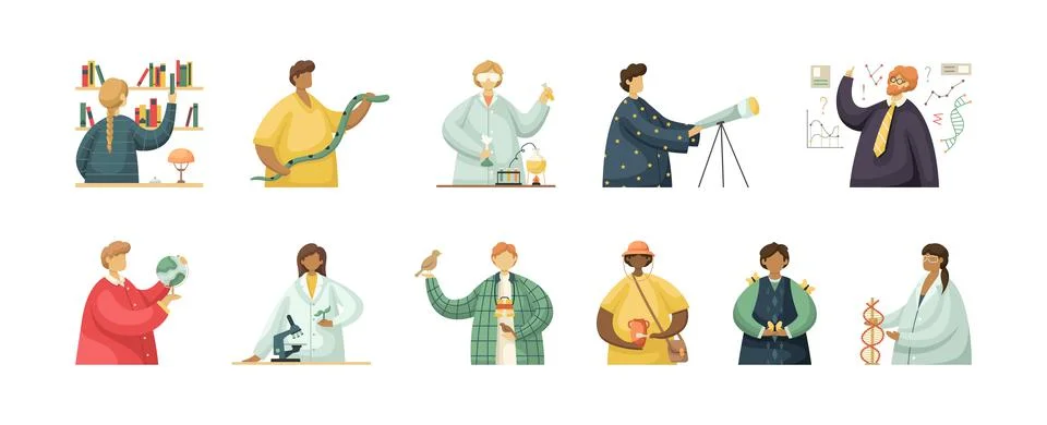 Vector set of illustrations of professional workers in the scientific field.  Stock Illustration