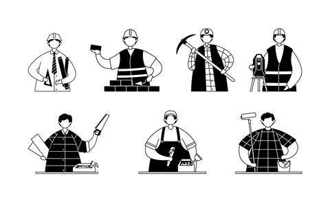 Vector set of illustrations of professional workers in the engineering field. Illustrazione stock
