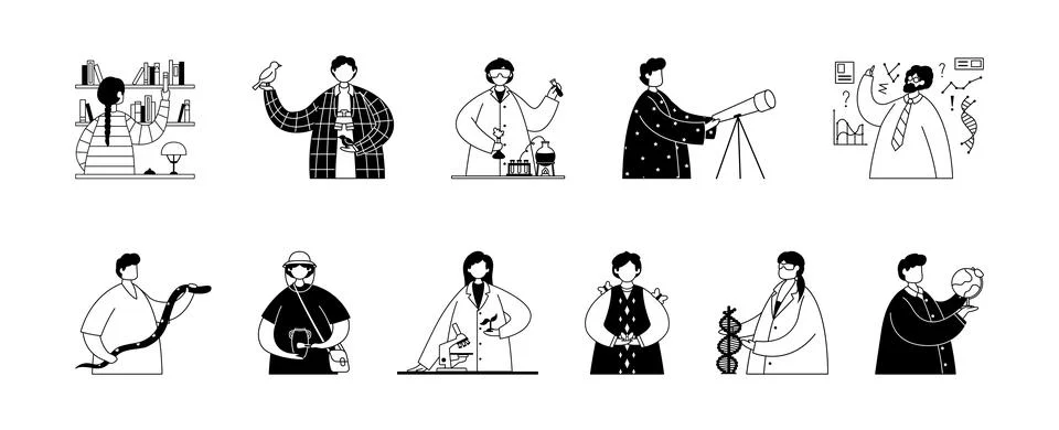 Vector set of illustrations of professional workers in the scientific field.  Illustrazione stock