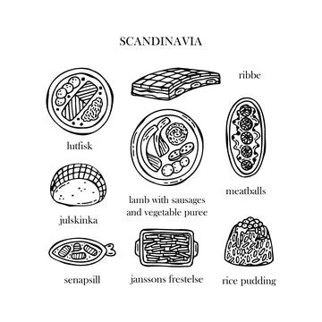 Vector set of illustrations of the Scandinavian Christmas dishes. Hand-drawn  Stock Illustration