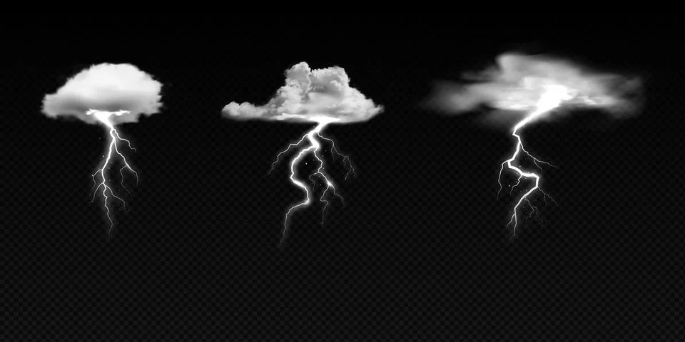 Vector set of illustrations storm clouds of different shapes with a bright flash Stock Illustration