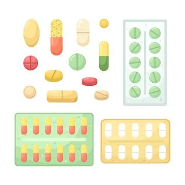 Vector set of illustrations of tablets, capsules and packages with tablets. 스톡 일러스트
